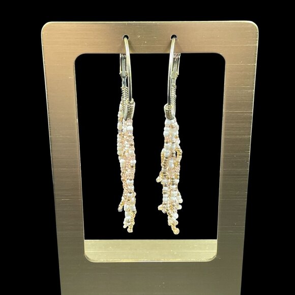 NYC Beaded Fringe Hoop Earrings Bronze Gold Tone Boho Festival Dangle Jewelry - Picture 2 of 5